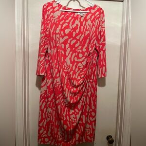 Dressbarn Vibrant Coral & Khaki 3/4 Sleeve Dress